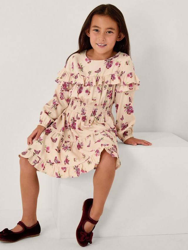 

Детское платье с длинными рукавами и принтом бабочек и цветов Monsoon, Ivory
