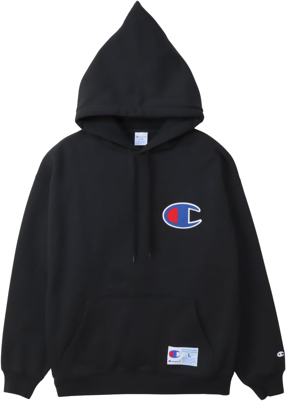 

Мужская толстовка Champion C3-C106 с капюшоном, длинный рукав, круглый вырез, свободный крой, большой логотип, спортивный стиль, черный