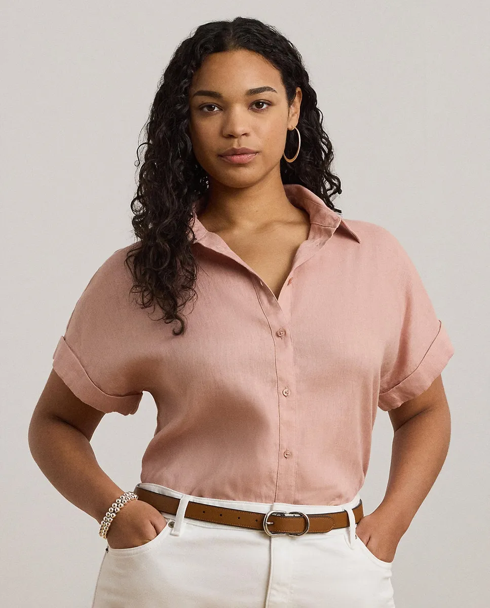 

Женская льняная рубашка с коротким рукавом больших размеров Lauren Ralph Lauren, розовый