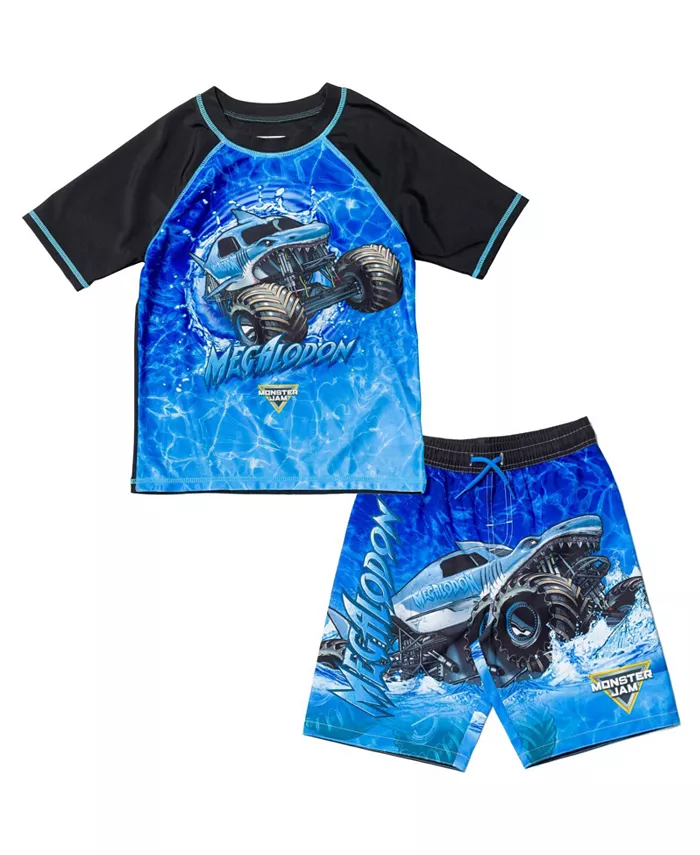 

Комплект для плавания для мальчиков: толстовка-рашгард и шорты Toddler Boys Pullover Rash Guard and Swim Trunks Outfit Set Monster Jam, синий