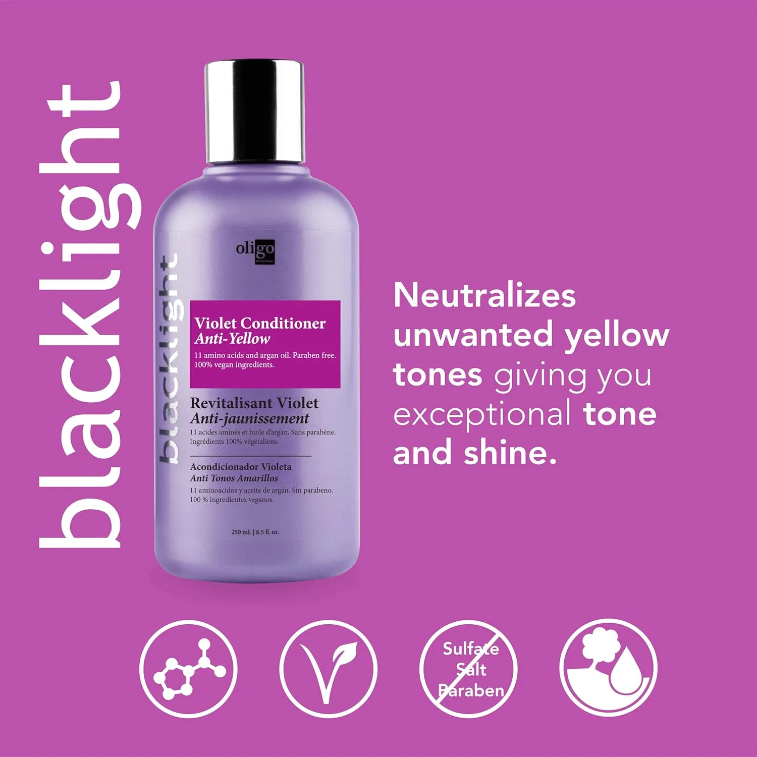 Oligo Professionnel кондиционер Blacklight Blue для блондинок, веганский, нейтрализует желтизну, освежает выгоревшие пряди, с аргановым маслом, увлажняющая формула, 250 мл 251 мл (.), Yellow — фото 2