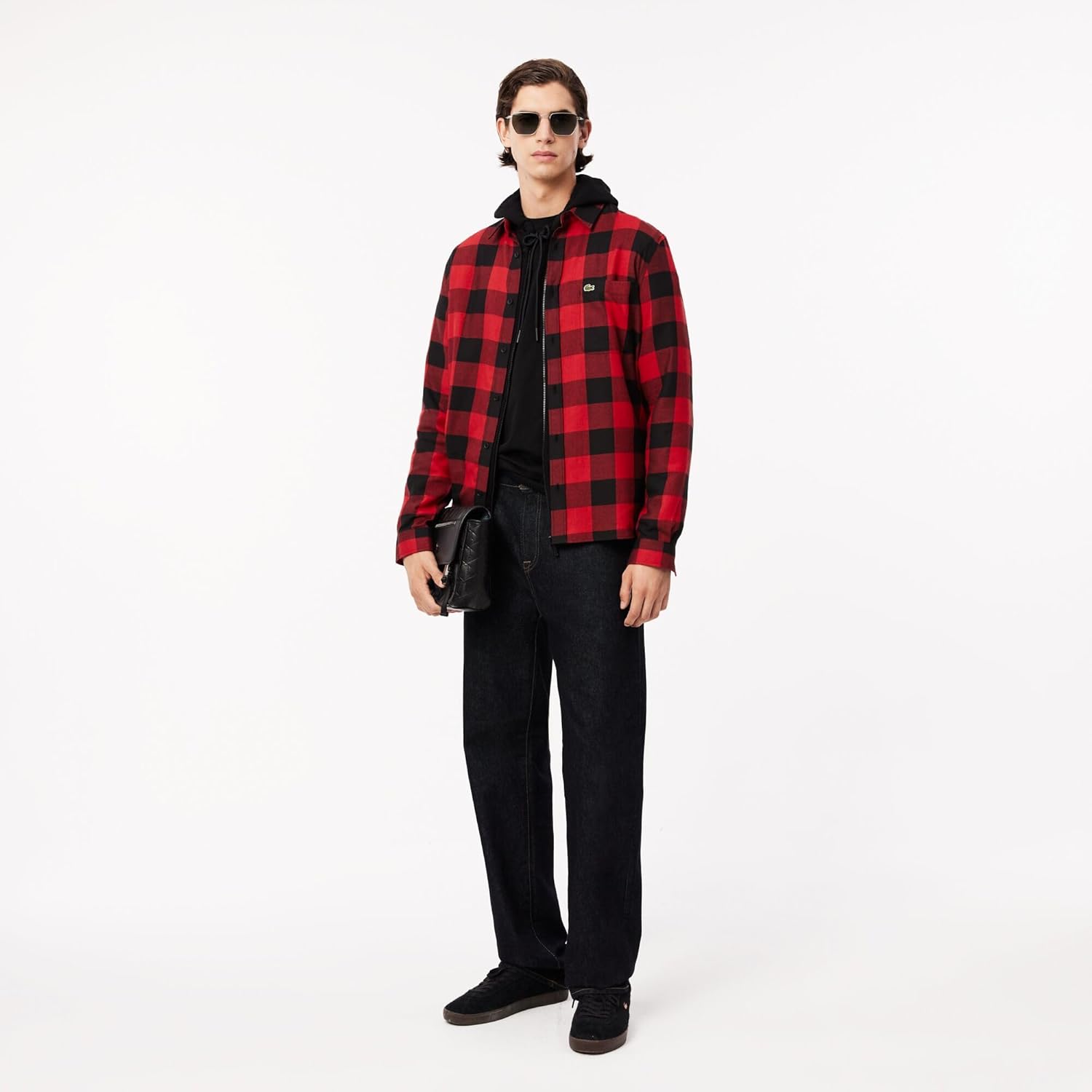 Lacoste мужская длинная рубашка в клетку Gingham на пуговицах, Black/Red — фото 2