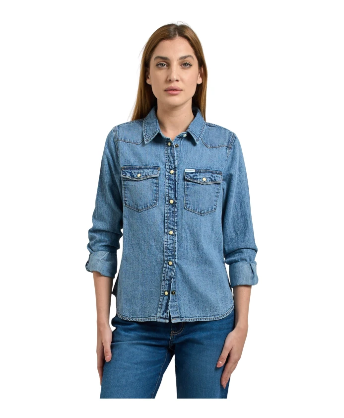 

Синяя джинсовая женская рубашка на пуговицах Guess, синий