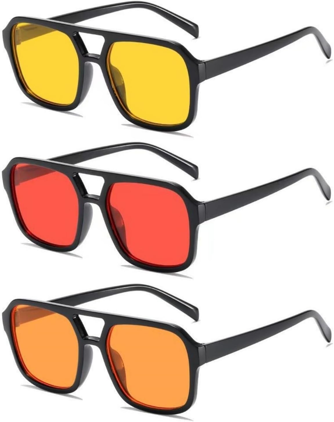 

Ретро-солнцезащитные очки-авиаторы квадратной формы в стиле 70-х годов для женщин и мужчин, винтажные прямоугольные солнцезащитные очки в плоской оправе, модные очки IKUVNA, 3 Pack Yellow+red+orange