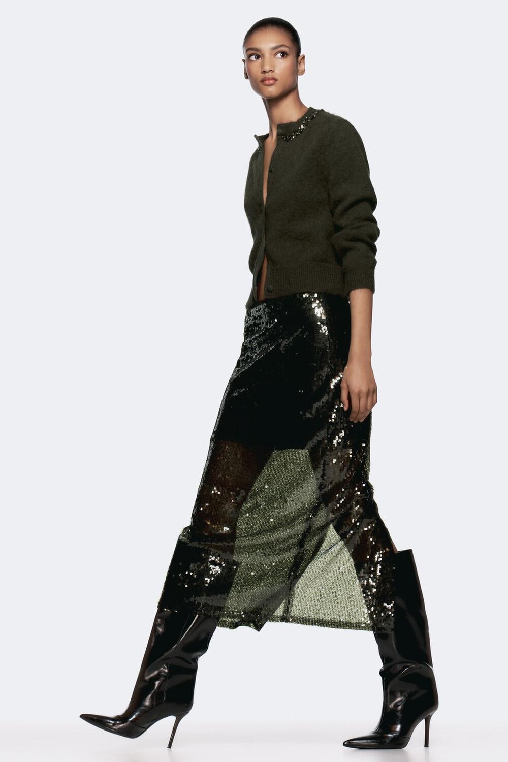 

Вязаный кардиган с бисером и стразами ZARA, зеленый