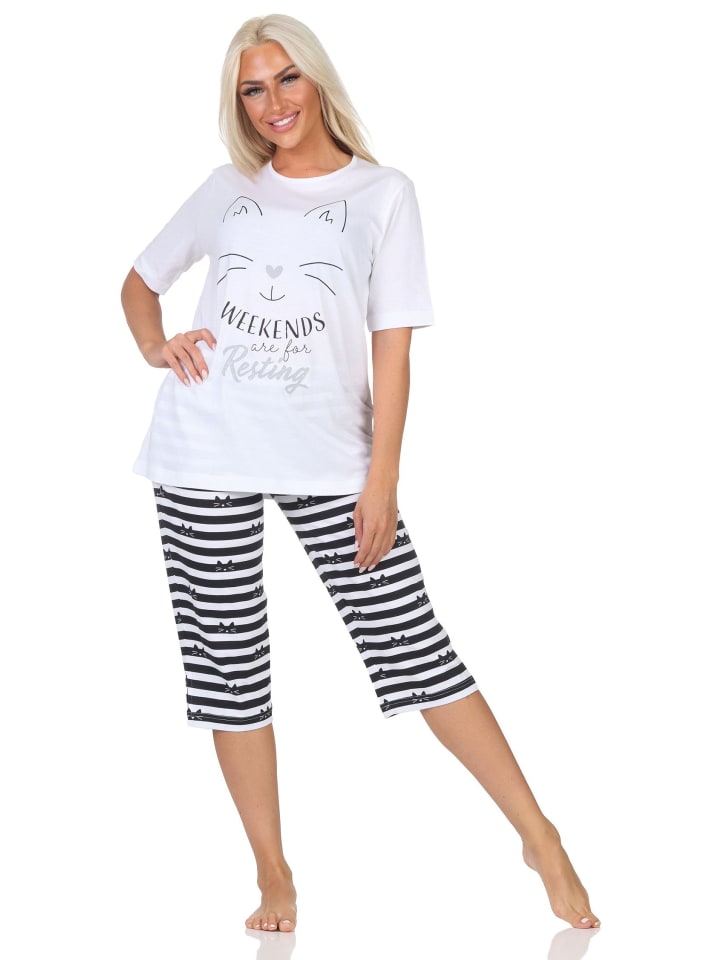 

NORMANN Пижама-капри с короткими рукавами, с принтом в виде кошек, большие размеры 125 204 380, белого цвета