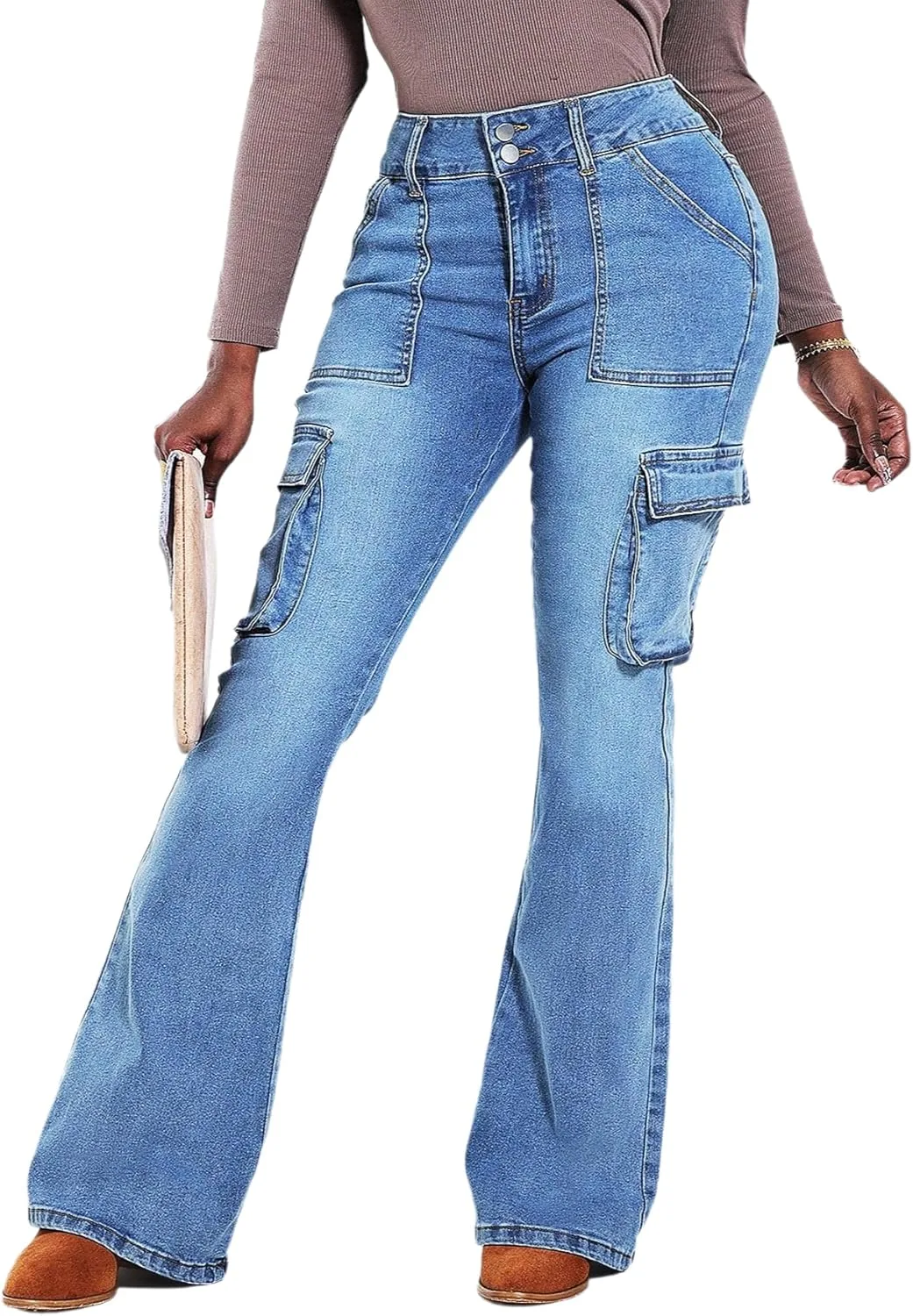 

Женские джинсы Bell Bottom Mid Rise Cargo с эффектом потертости, растягивающиеся, расклешенные YADMISU