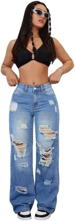 Plus+ Size женские джинсы с широкими штанинами, потертости, застежка на молнии, средняя посадка, свободный крой, светлая стирка, повседневный стиль Generic, Lwash — фото 4