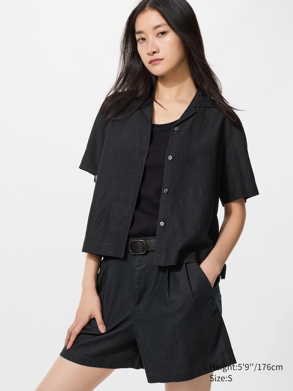 

Рубашка из смесового льна с открытым воротником, короткий рукав Uniqlo, 09 black