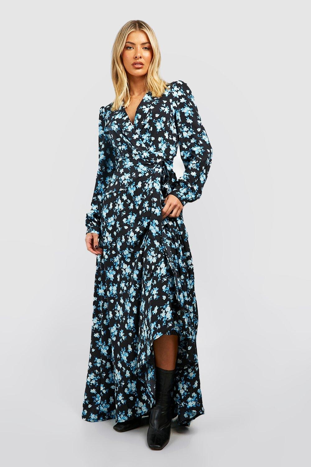 

Платье макси с поясом и цветочным запахом boohoo, черный