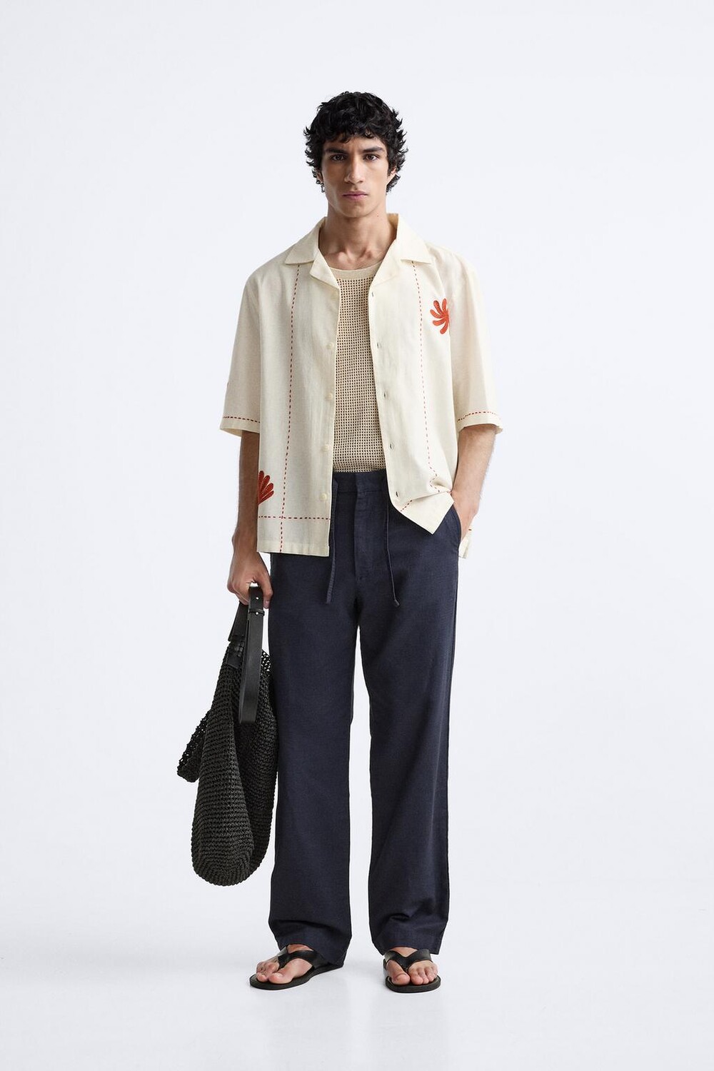 

Рубашка из льна и хлопка с вышивкой ZARA, цвет brick