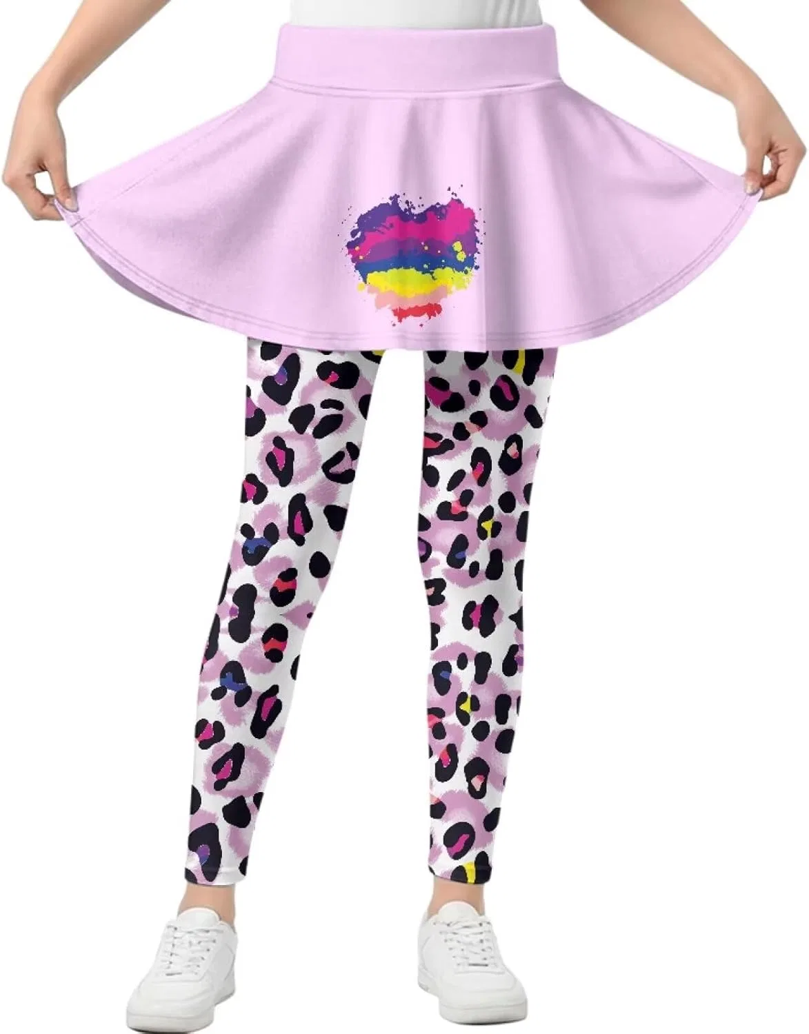 Леггинсы с юбкой для девочек Hresuewn, 2-в-1, Rainbow Heart Leopard Print