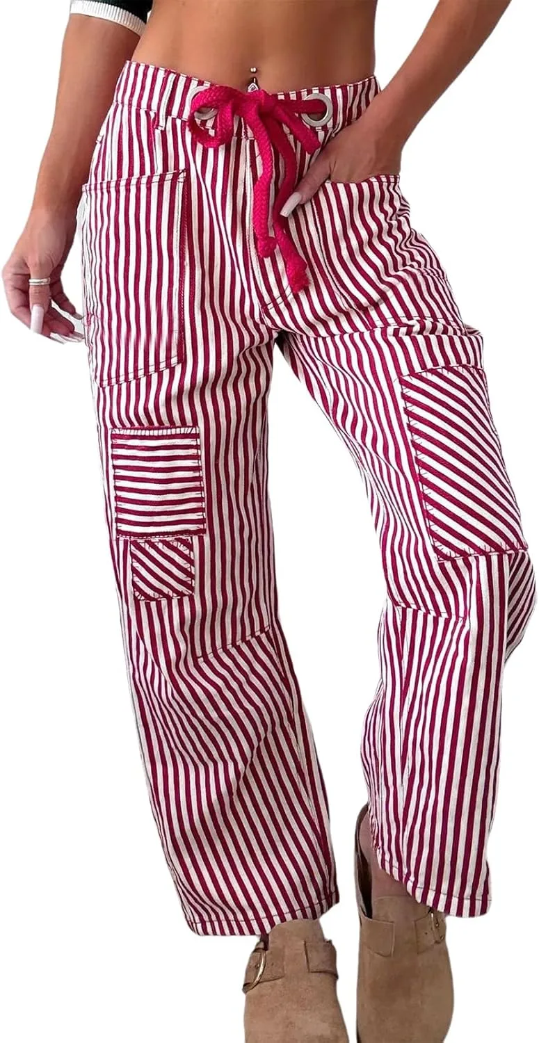 

Женские джинсы в полоску с заплатками и шнурком, прямые, свободного кроя MRNYQBM