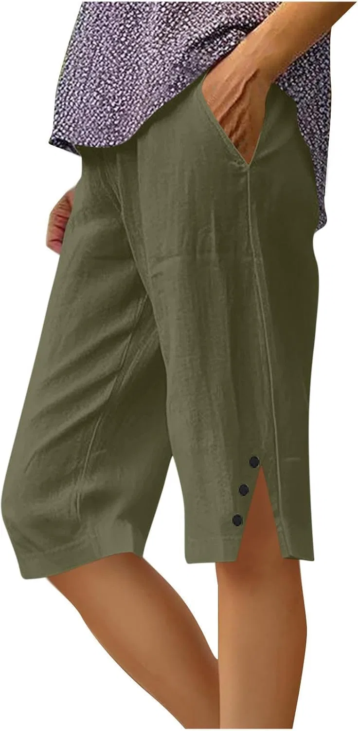 Женские капри из хлопка и льна, Generic, 15-army Green