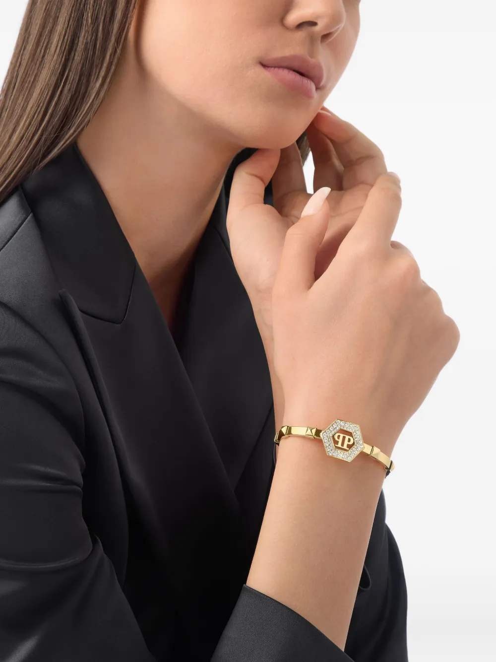 

Золотой браслет с кристаллами и логотипом Philipp Plein, золотистый