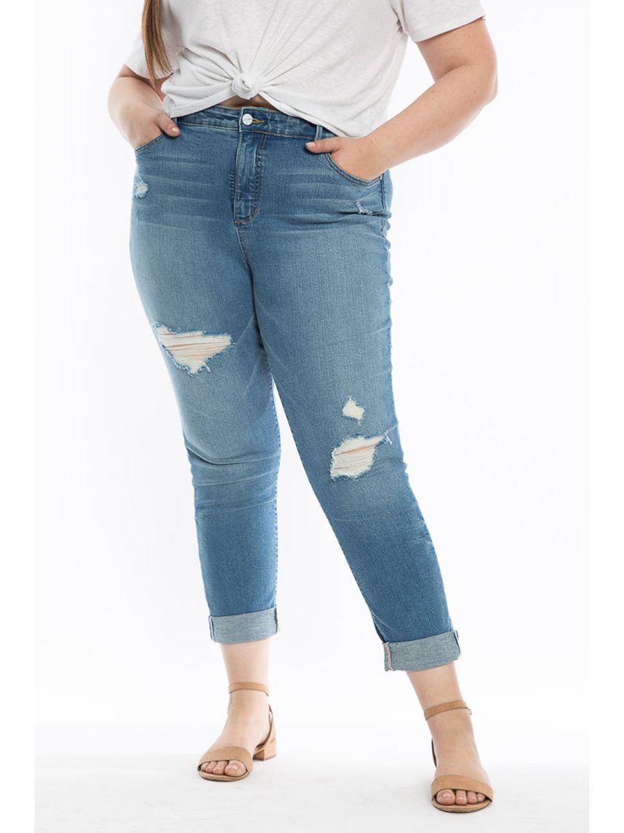 

Джинсы больших размеров, высокая посадка, бойфренд, с рваными элементами, длина внутреннего шва 28 дюймов - Myla SLINK Jeans, No Color