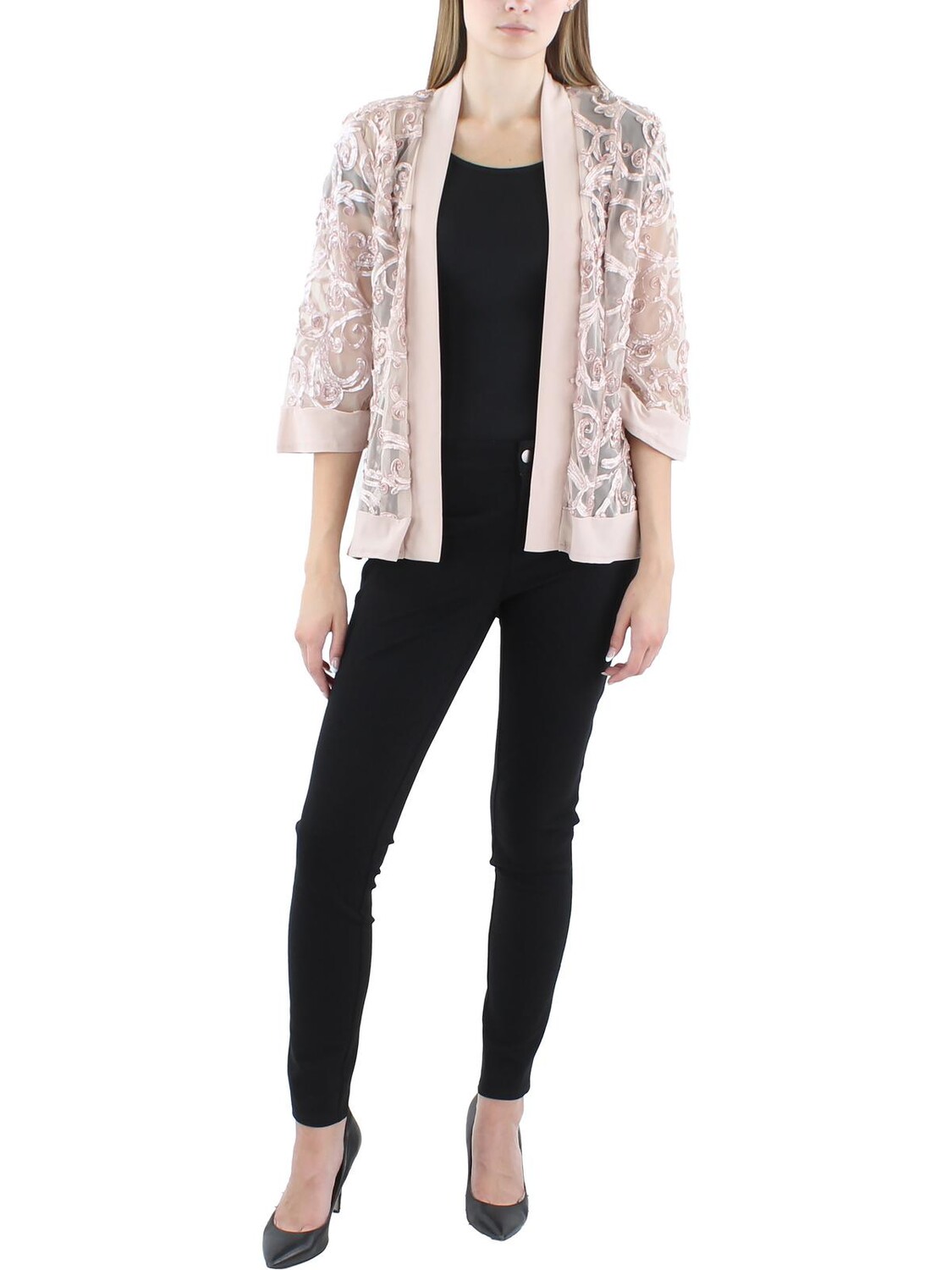 

Женский сутажный пиджак без воротника с открытым передом Petites R&M Richards, цвет Blush