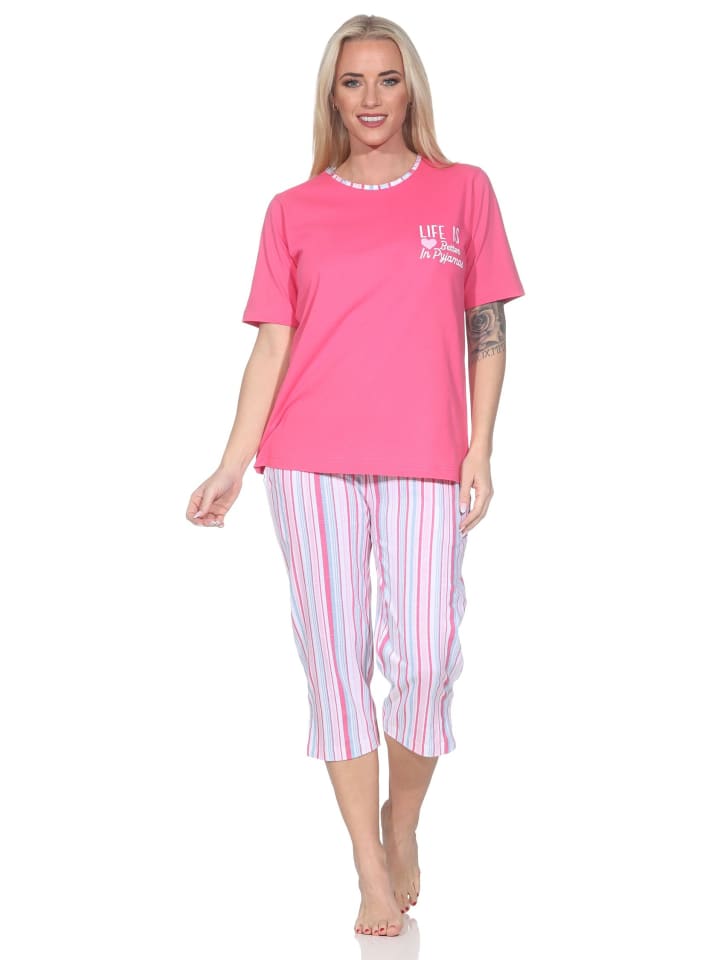 

NORMANN Пижама-капри с короткими рукавами в полоску, большие размеры 125 204 90 667, розового цвета