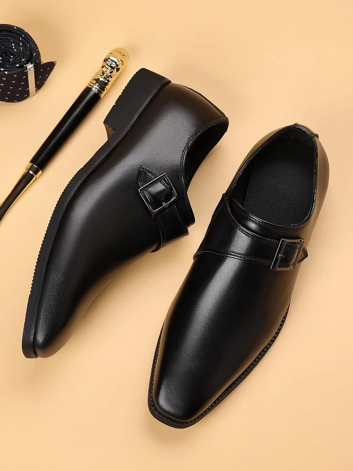 Лоферы мужские, кожаные, Monk Strap Loafers, Black SJIUTLYUE — фото 2