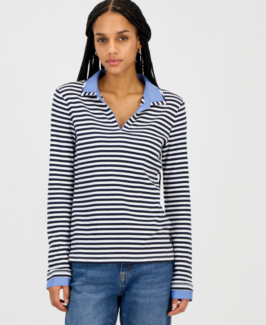 

Женская полосатая хлопковая рубашка с двойным воротником и длинными рукавами Nautica Jeans, Nigh Sky Multi