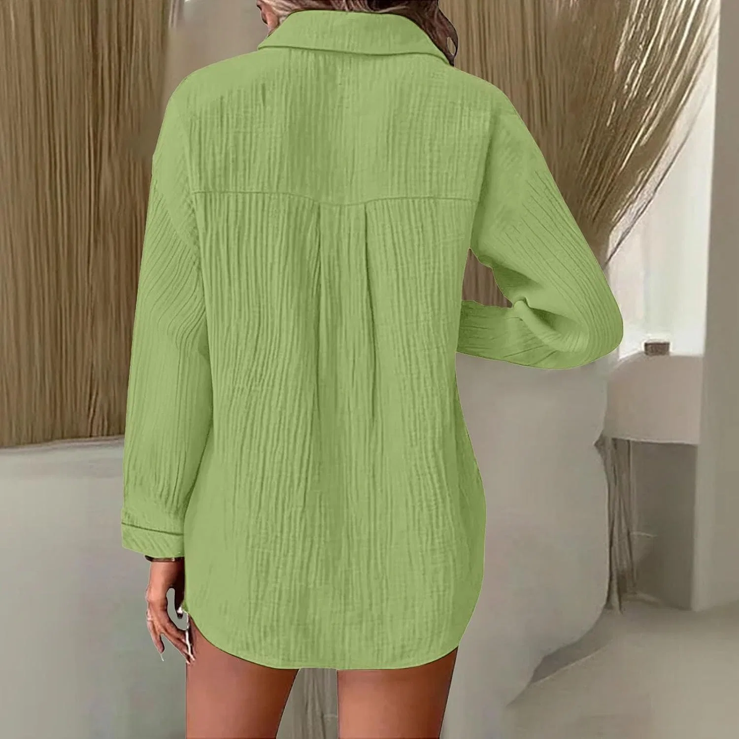 Блуза, льняная, плиссированная, с поясом, свободного кроя, Casual, светло-зеленый — фото 3