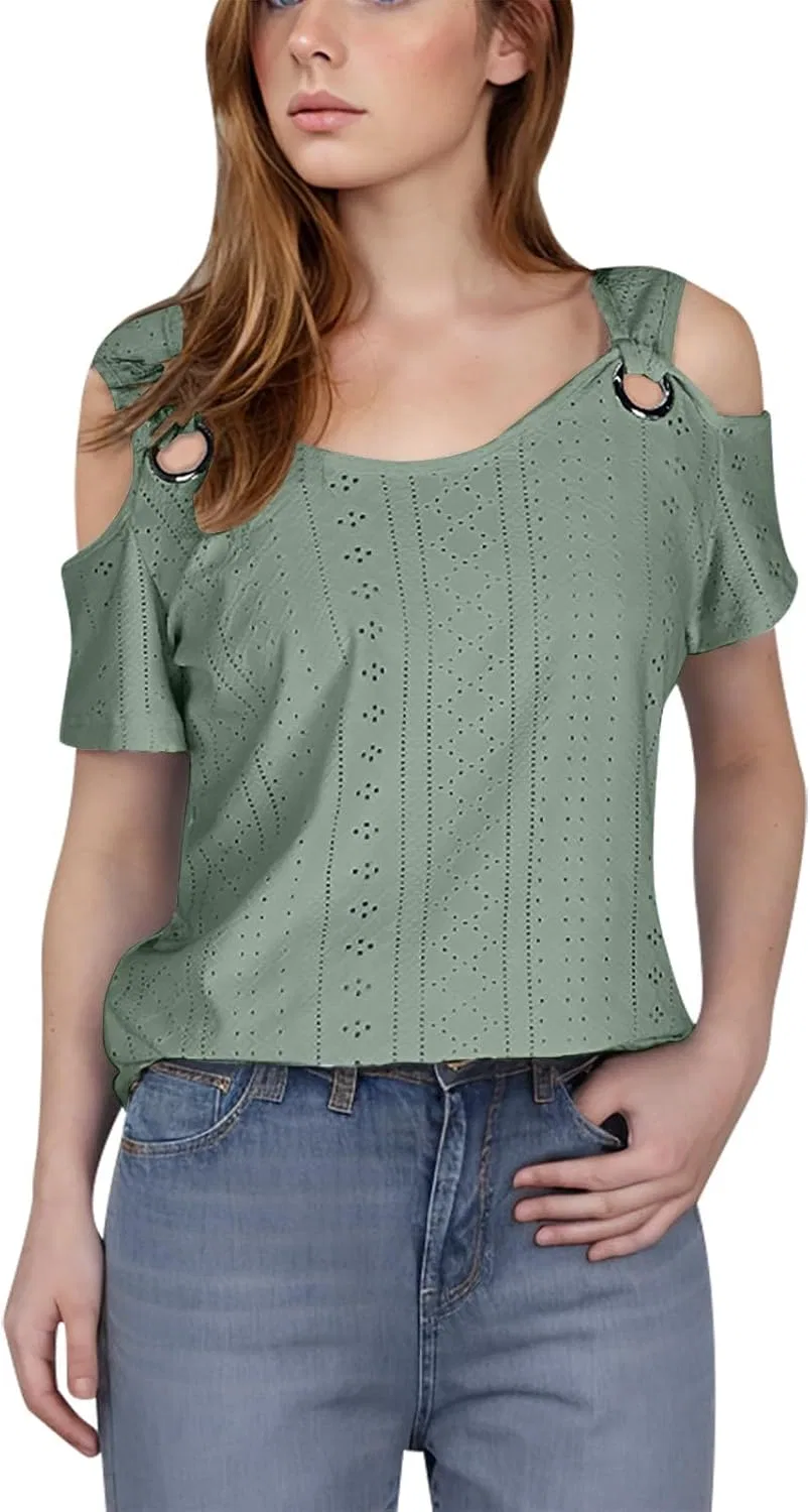 Блуза с открытыми плечами для женщин, кружевная, короткий рукав, Green