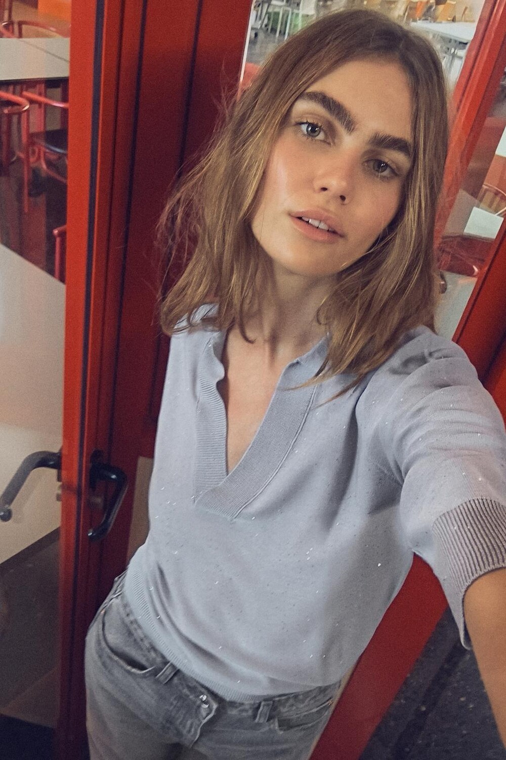 

Трикотажная рубашка поло с пайетками ZARA, синий/серый
