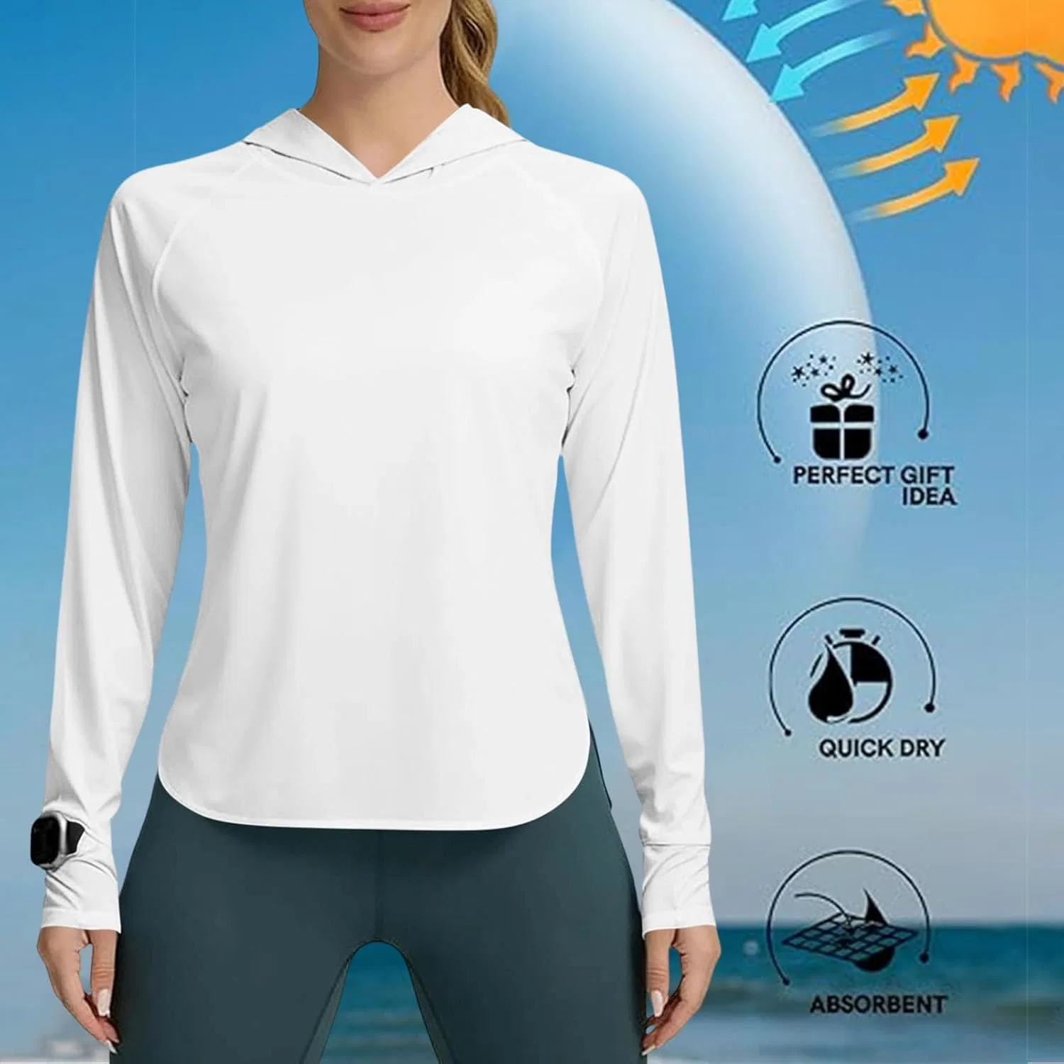 Женская худи-футболка UPF 50+ UV Protection, Generic, #01 White — фото 4