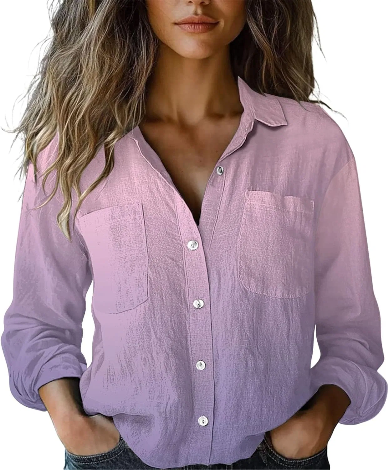 Блуза с принтом, длинный рукав Women's Long Sleeve Printed Button Down Shirt, бренд, фиолетовый