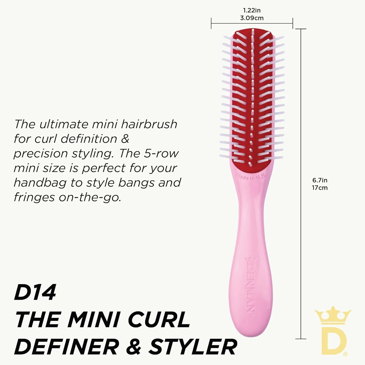 Denman Mini Curl Definer & Styler 5 Row Hairbrush для распутывания, разделения и укладки кудрей, щетка для вьющихся волос, Sleek Blowdrying - D14, Pink — фото 2