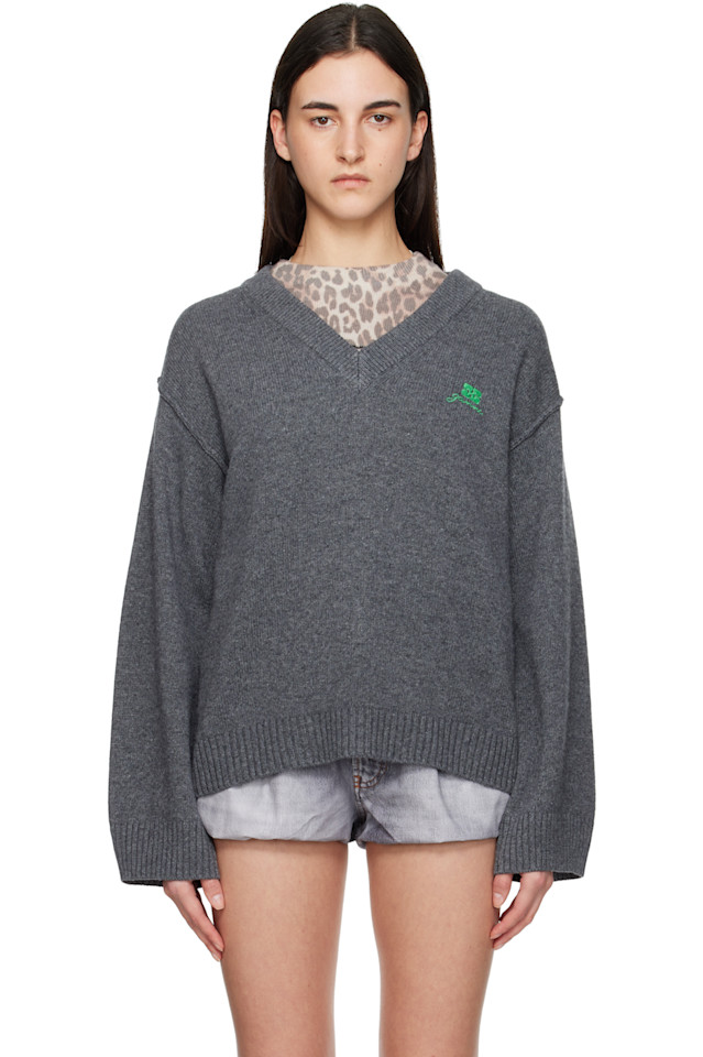 

Ganni Серый шерстяной свитер с V-образным вырезом