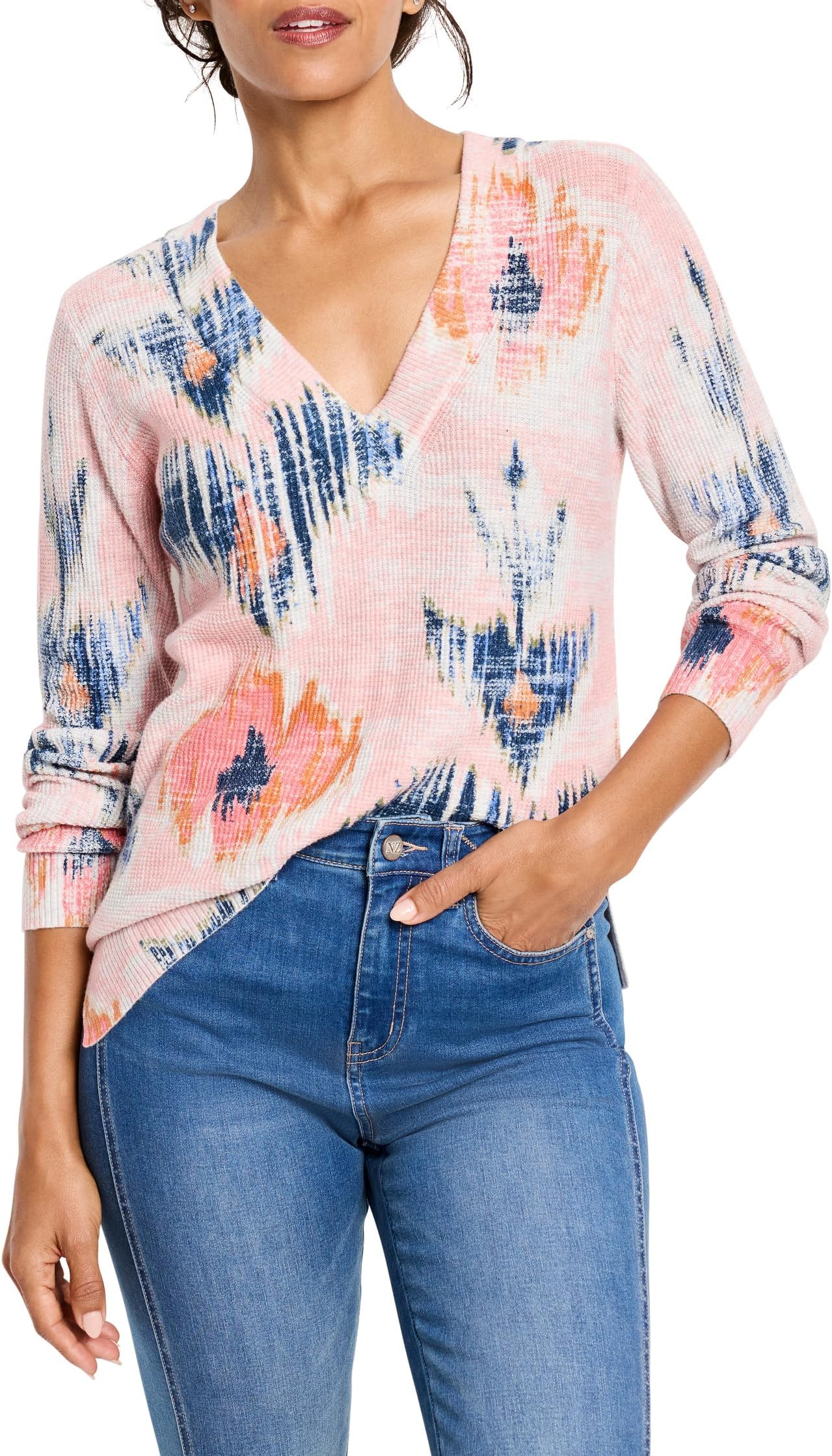 

Свитер NIC+ZOE Abstract Floral Waffle Stitch V-Neck Sweater, цвет Pink Multi