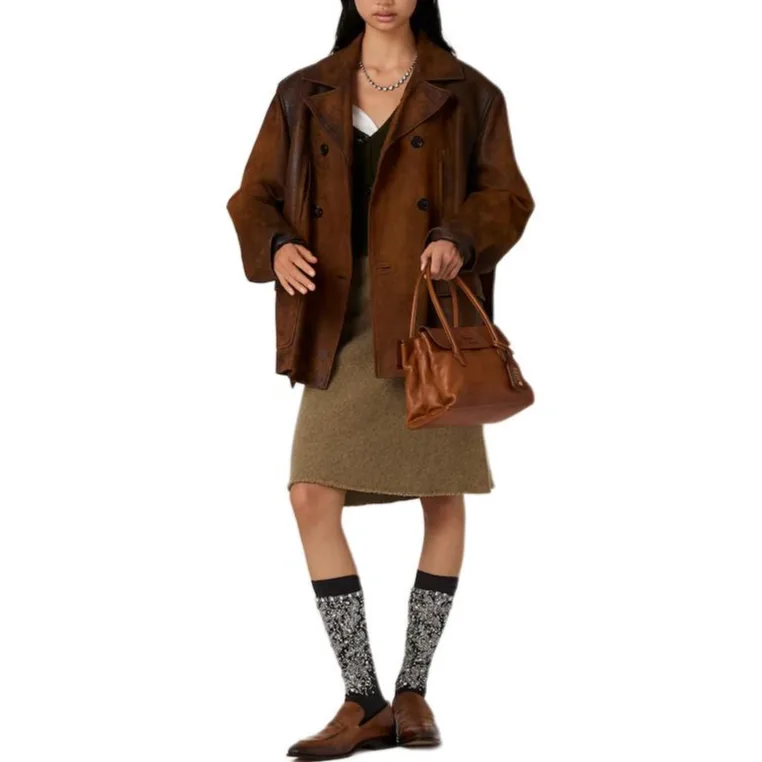 MIU MIU Кожаная куртка женская Light Brown Lapel Moderate — фото 4