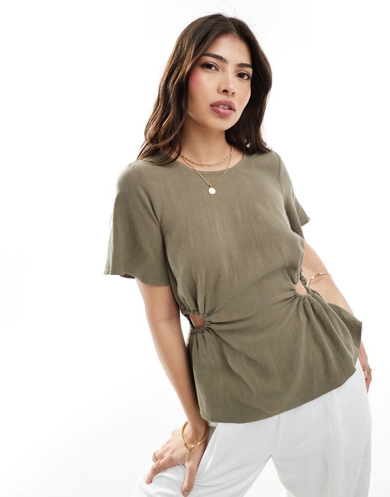 

ASOS DESIGN – футболка цвета хаки из смесового льна с вырезами