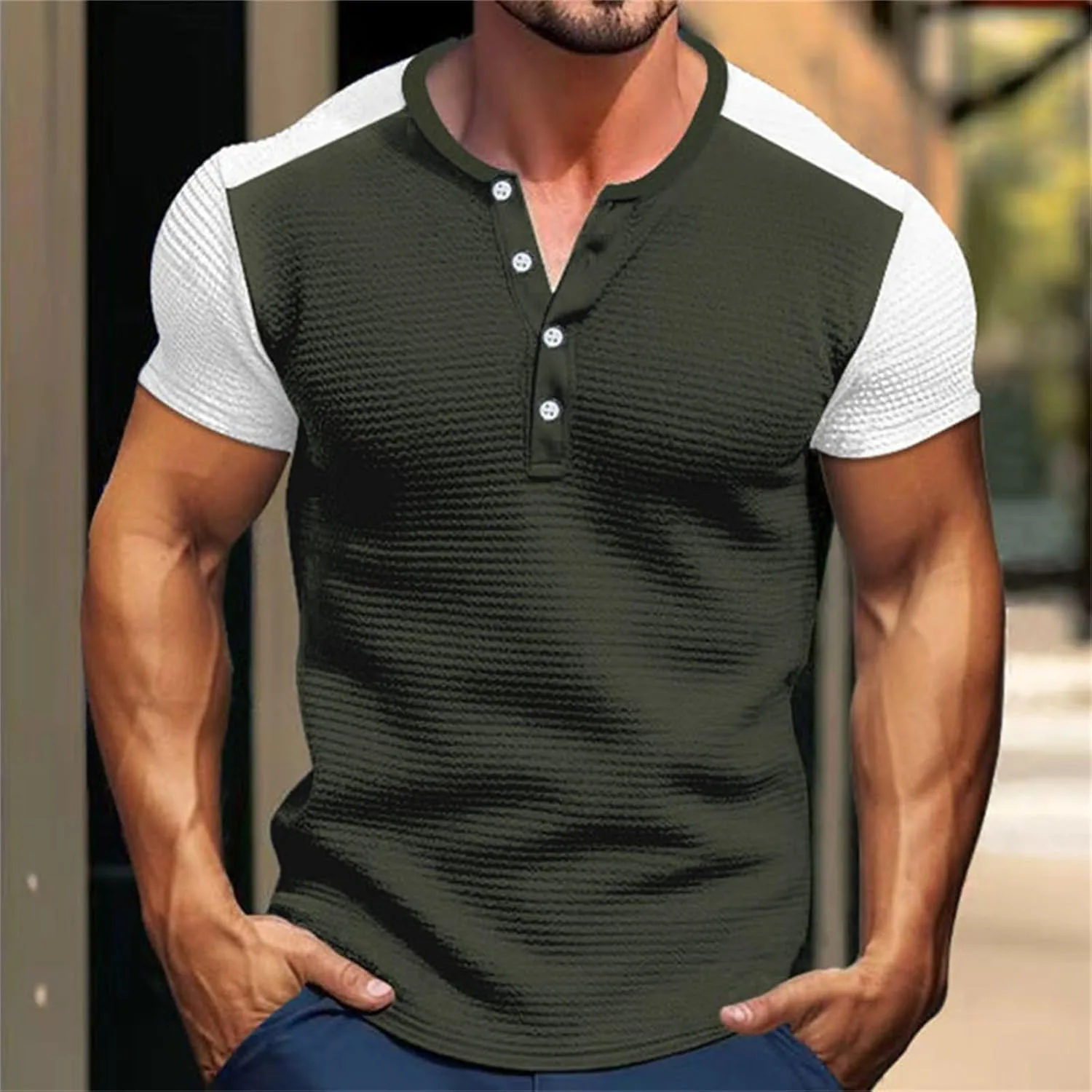 Футболка Waffle Henley для мужчин Muscle Fit Stretch с коротким рукавом Raglan — фото 2