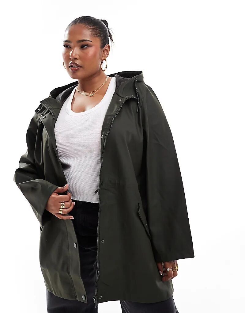 

Vero Moda Curve – Куртка-дождевик с покрытием цвета темного хаки с капюшоном