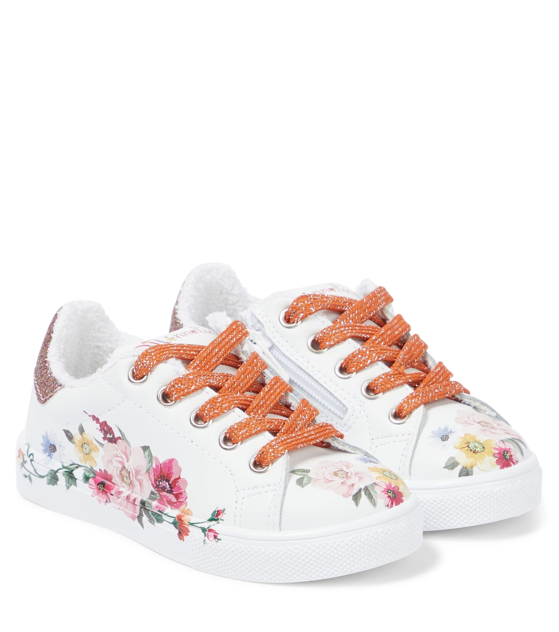 

Кроссовки из кожи с цветочным принтом и блестками Monnalisa, Panna+Multicolor