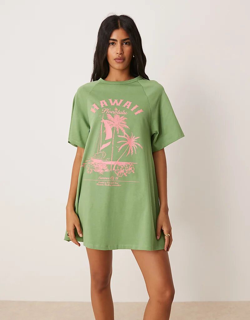 

Платье-мини с принтом Hawaii от ASOS DESIGN, свободного кроя, зеленого цвета
