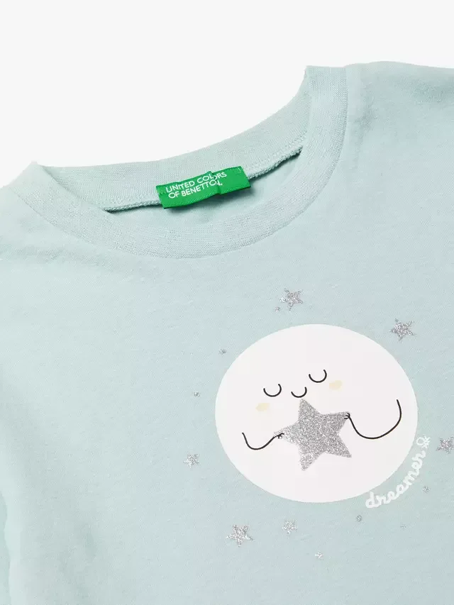 Детская хлопковая футболка с длинными рукавами, зеленая Benetton — фото 3