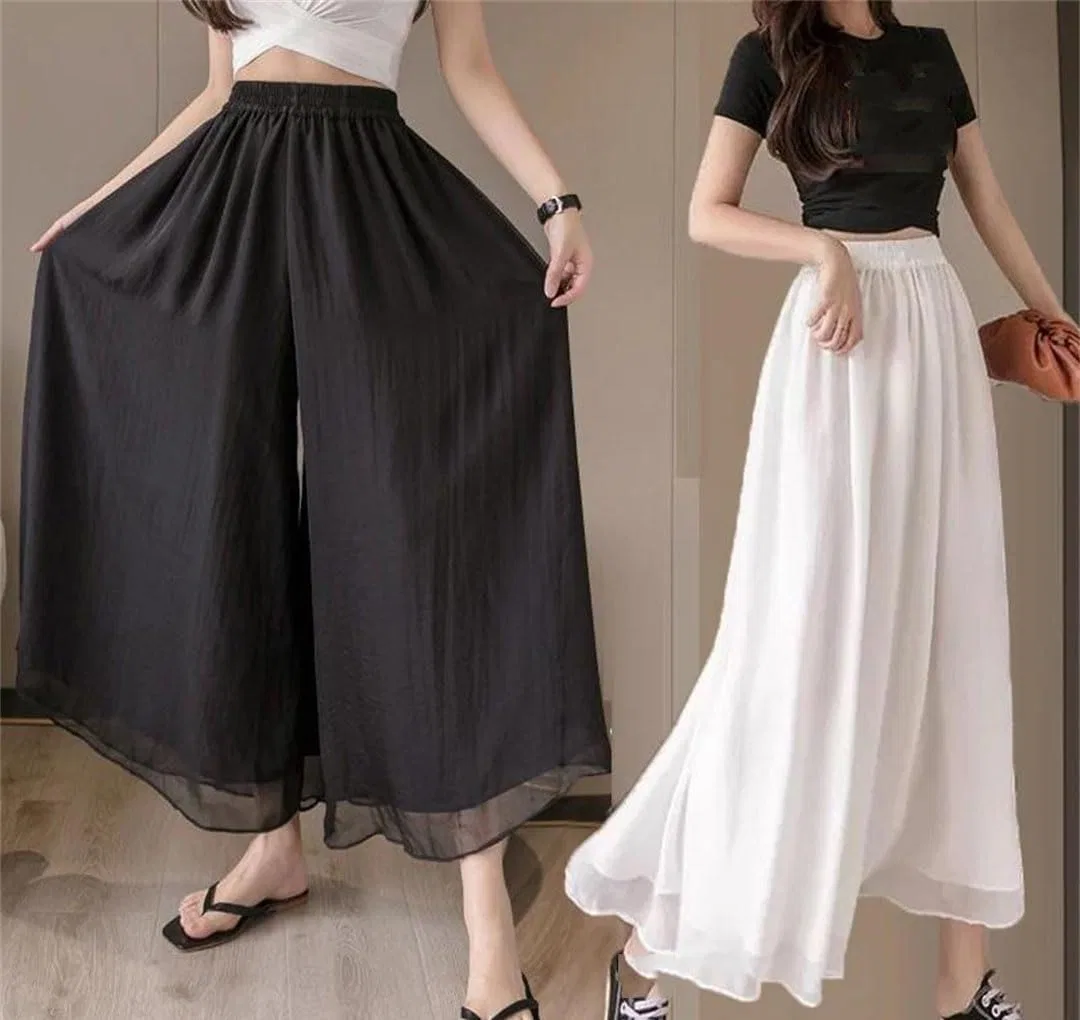 Женские прямые свободные широкие брюки-кюлоты летние plus size с высокой посадкой повседневные однотонные Generic, черный — фото 2