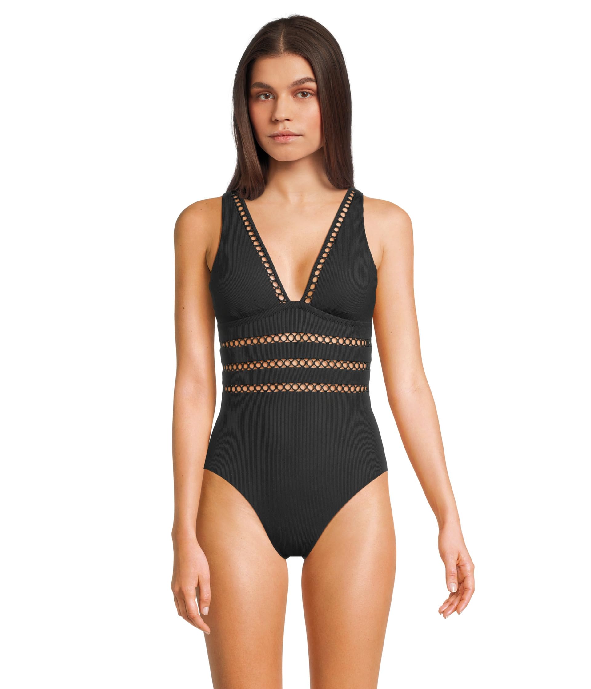 

Купальник BECCA Modern Edge Rib Toni Plunge One Piece, черный