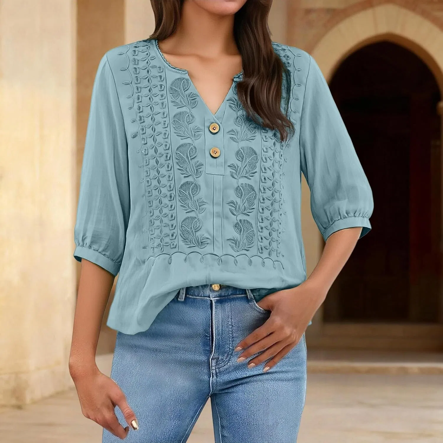 Блуза с V-образным вырезом, 3/4 рукав, хлопок и лен, Mint Green — фото 3