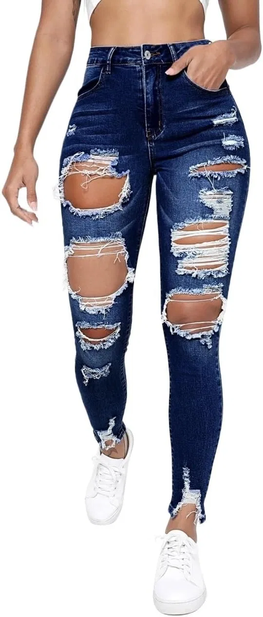 Джинсы женские с вырезами и рваным краем, Dark Wash