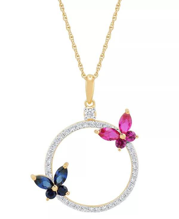 

Ожерелье с подвеской в виде круга-бабочки 18 дюймов (1-3/8 карата) из выращенных в лаборатории драгоценных камней из стерлингового серебра с позолотой 14 карат Macy'S, multi-gemstone