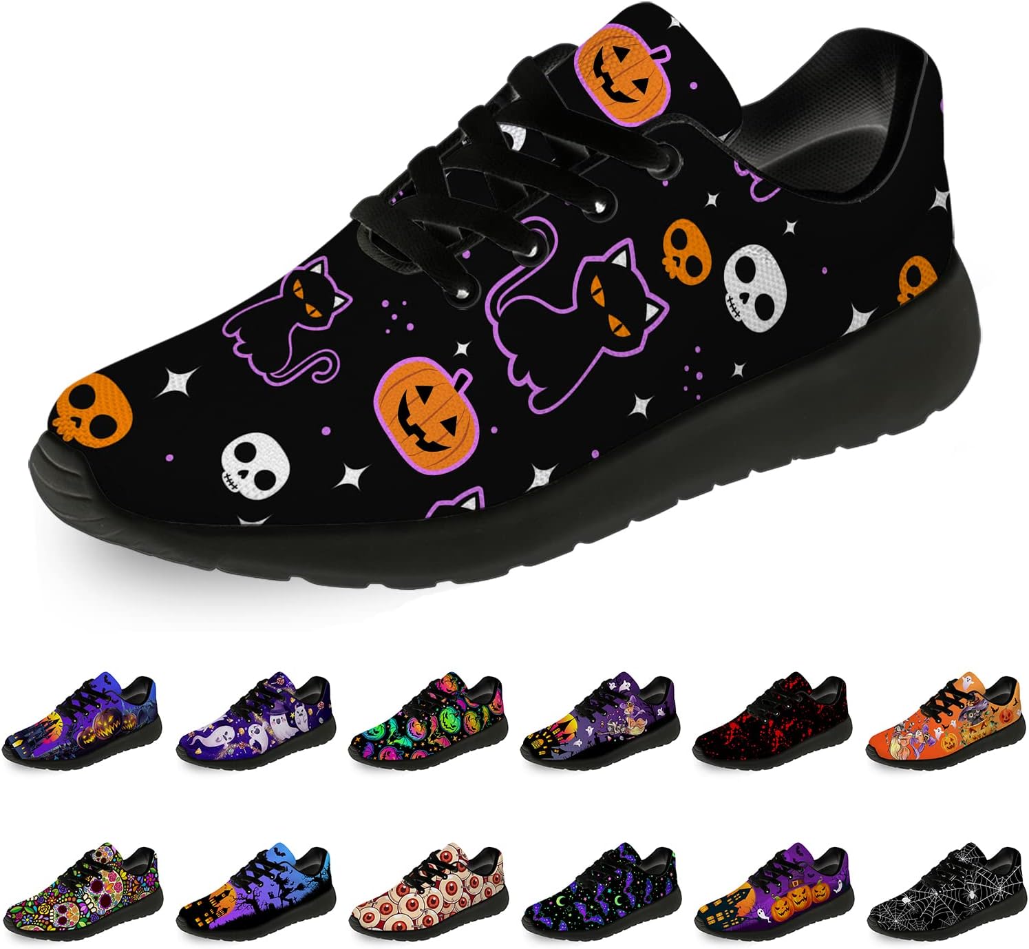 

Кроссовки на Хэллоуин для женщин и мужчин, беговые, для прогулок и тенниса, с изображением тыквы, призрака и летучей мыши, подарки для мальчиков и девочек Horethy, оранжевый/фиолетовый