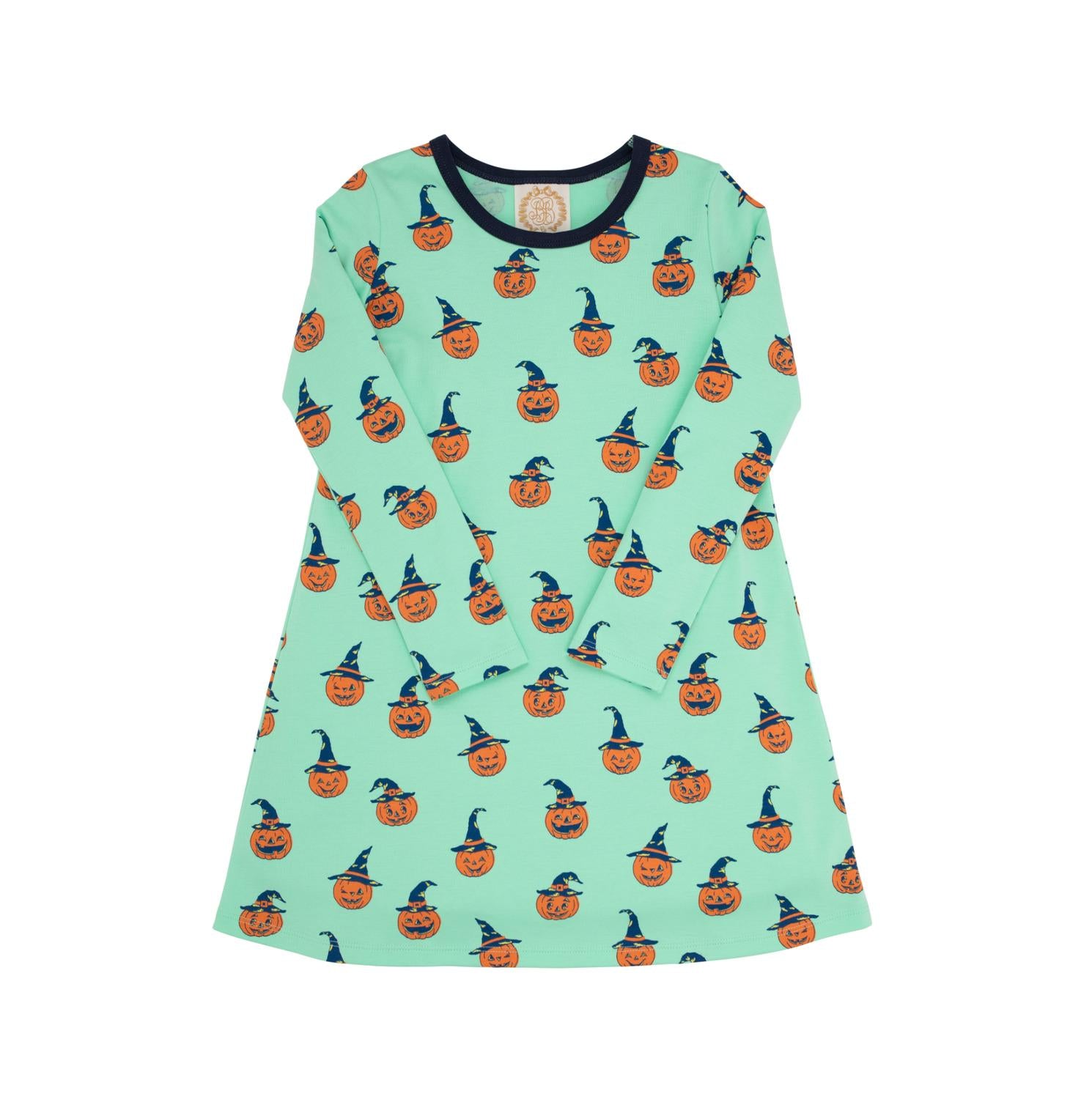 

Длинное платье с рукавами Polly Play для девочек в дизайне Olde Jolly Jack O' Lantern и цвете Nantucket Navy The Beaufort Bonnet Company