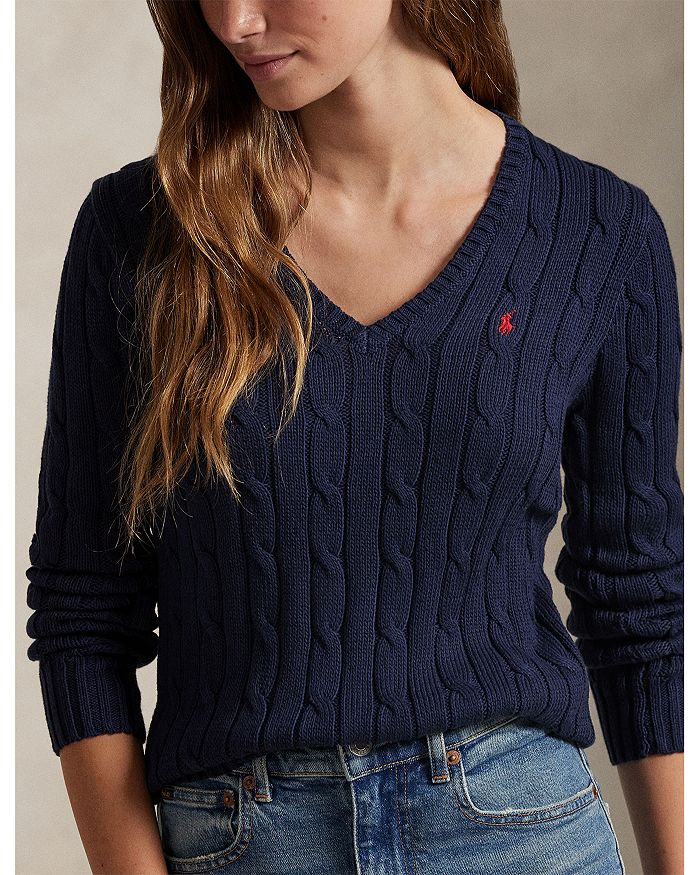Женский вязаный хлопковый свитер с V-образным вырезом Ralph Lauren, синий — фото 3