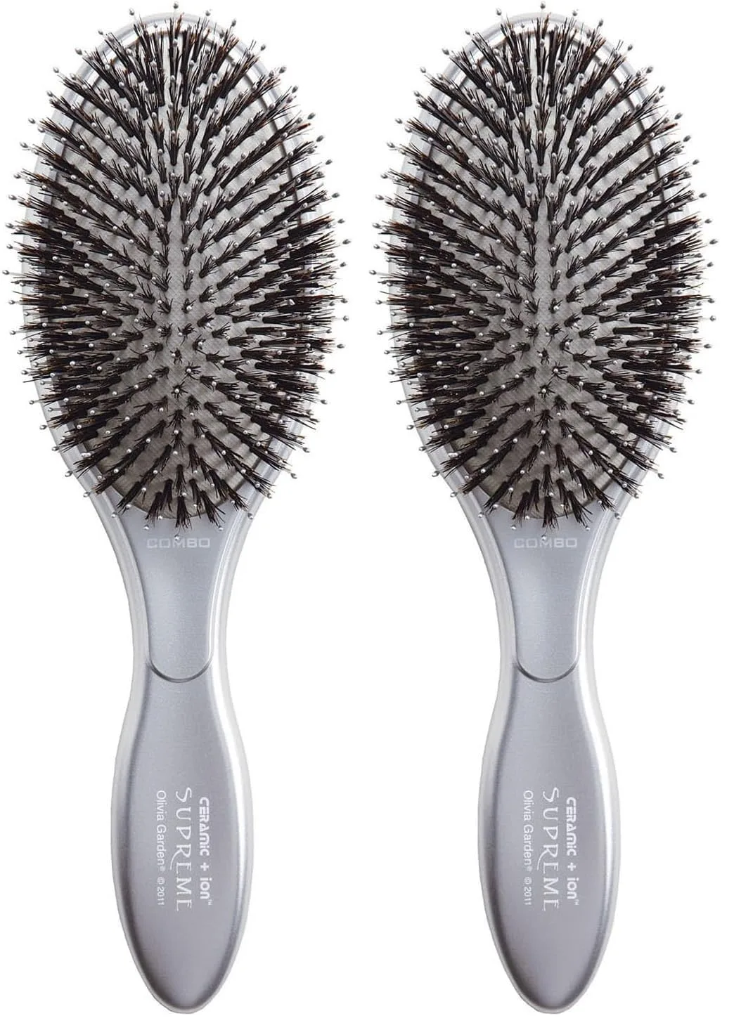 Расческа-щетка Olivia Garden Ceramic + Ion Supreme Styler Cushion Paddle Brush - на основе кабаньей щетины и ионов для блеска, контроля пушистости и разглаживания волос. 1 шт. (2 шт.), Silver