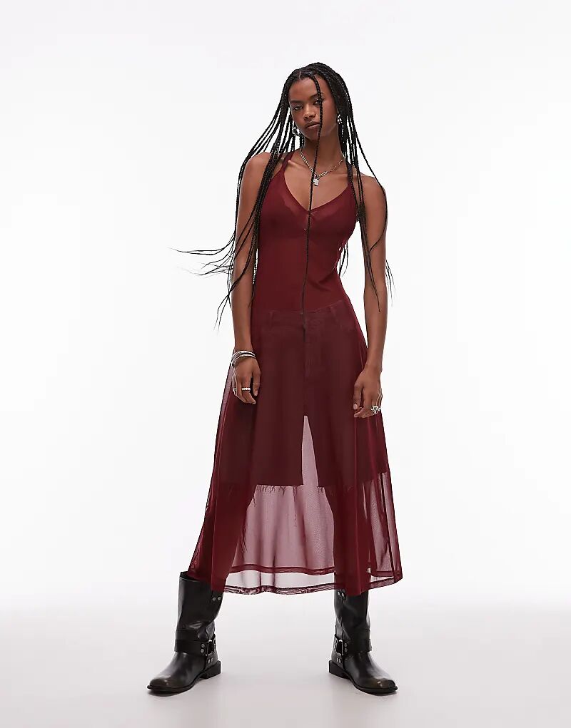 

Длинное платье-комбинация из прозрачной сетки ASOS DESIGN бордового цвета