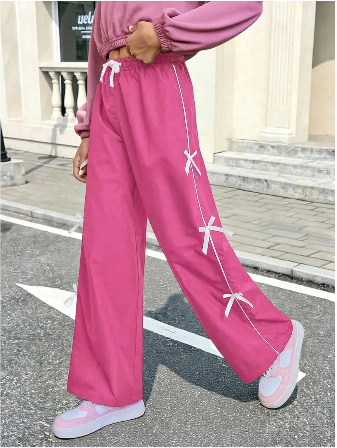Детские спортивные брюки WDIRARA с бантом на талии и широкими штанинами, Hot Pink White — фото 4